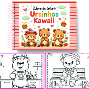 Arquivo Digital Livro de Colorir Ursinhos Kawaii Encantados